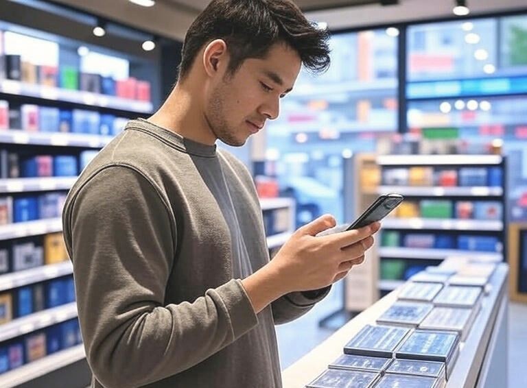 Cliente revisando productos con el móvil en tienda